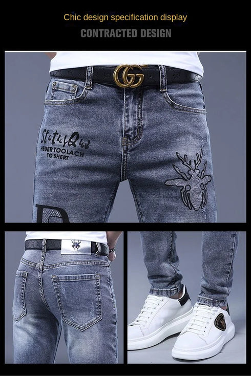 Slim Fit Korean Streetwear Graphical Printed Luxury Hip-Hop Stretch Denim Jeans for Men - Perfect Medium Wash Jeans Outfit